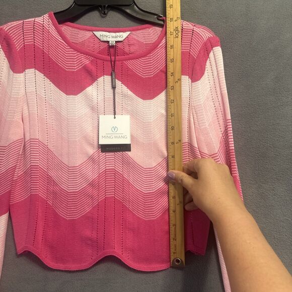 NWT Ming Wang Chevron Stripe Lightweight Knit Sweater Top Size XS Pink Preppy - Picture 8 of 9